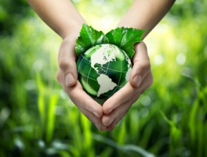 Two hands holding a green globe with two leaves behind it.