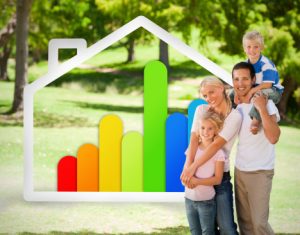 A family of four with a house illustration and multi-colored graph inside.