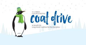 Image with penguin wearing hat and scarf for coat drive event.
